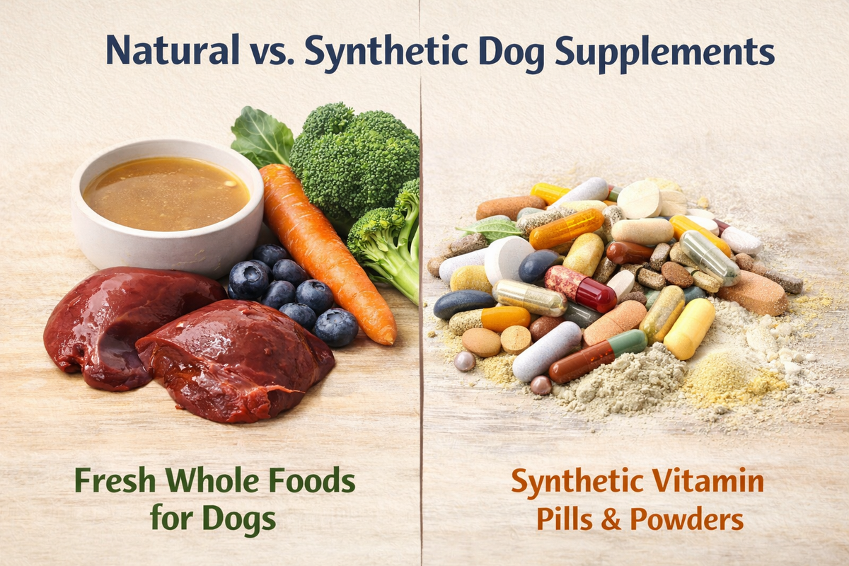 A side-by-side comparison - on the left, fresh whole foods like beef liver, vegetables, and bone broth for dogs; on the right, a pile of synthetic vitamin pills and powders