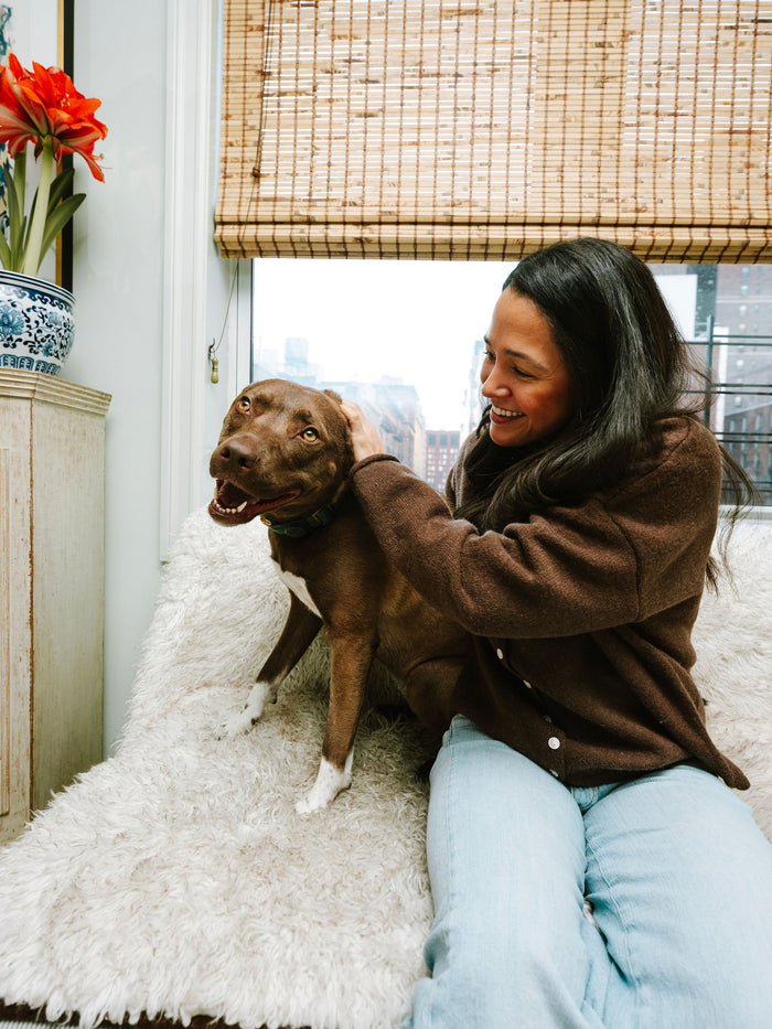 A woman sharing a quiet moment with her brown dog