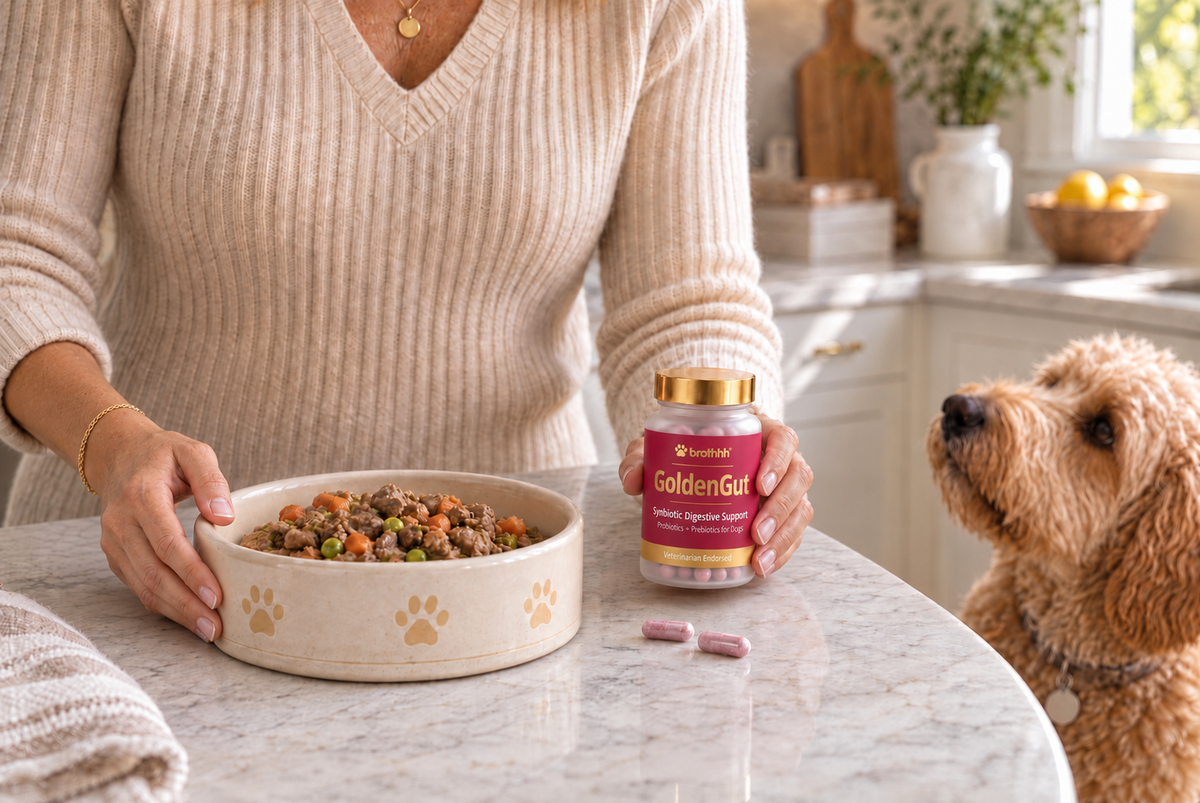 GoldenGut held naturally beside a dog’s meal in a sunlit home kitchen
