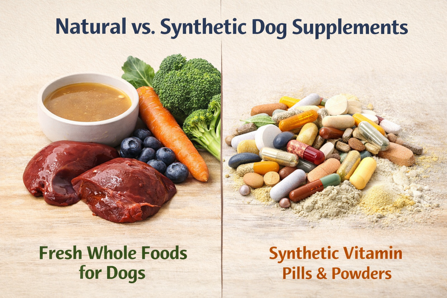 A side-by-side comparison - on the left, fresh whole foods like beef liver, vegetables, and bone broth for dogs; on the right, a pile of synthetic vitamin pills and powders