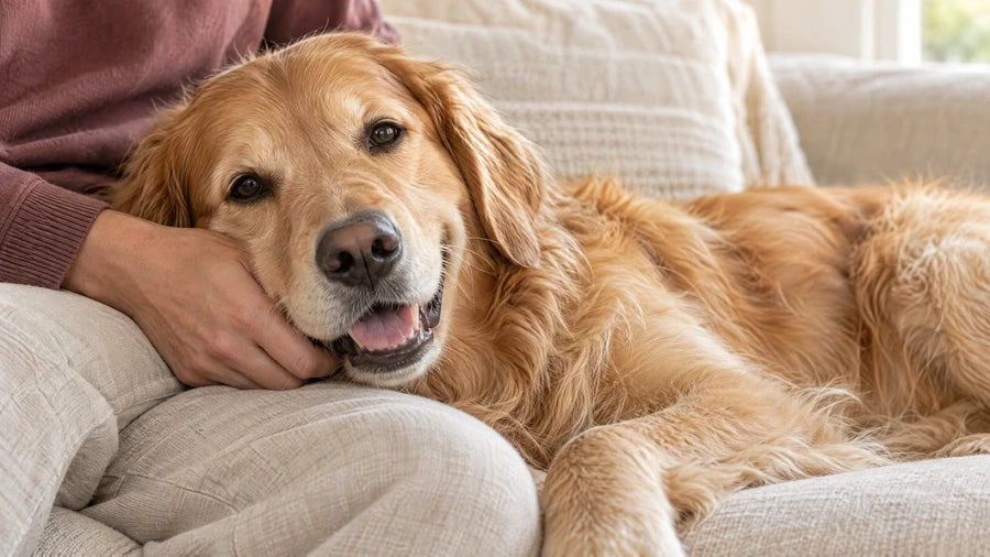 A golden retriever relaxing beside their person