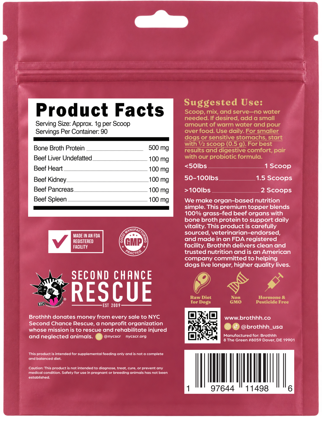 Back of The Meal Topper bag: product facts, ingredients and suggested use