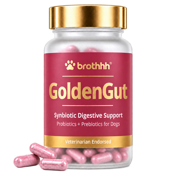 GoldenGut bottle with pink capsules