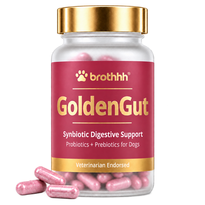 GoldenGut bottle with pink capsules