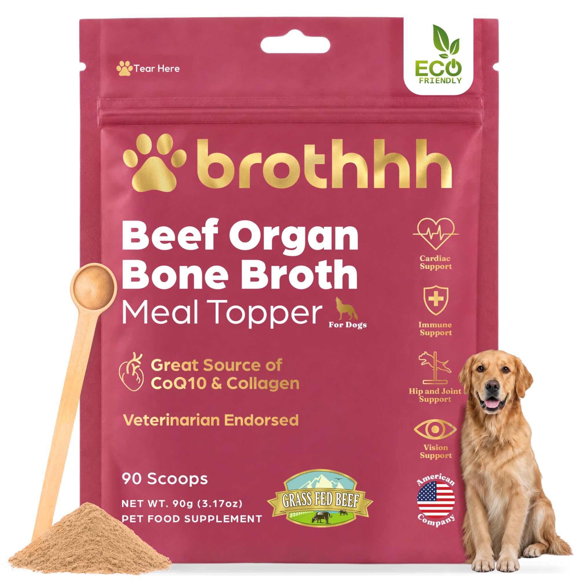 Brothhh Meal Topper pouch with a golden retriever, wooden scoop and powder