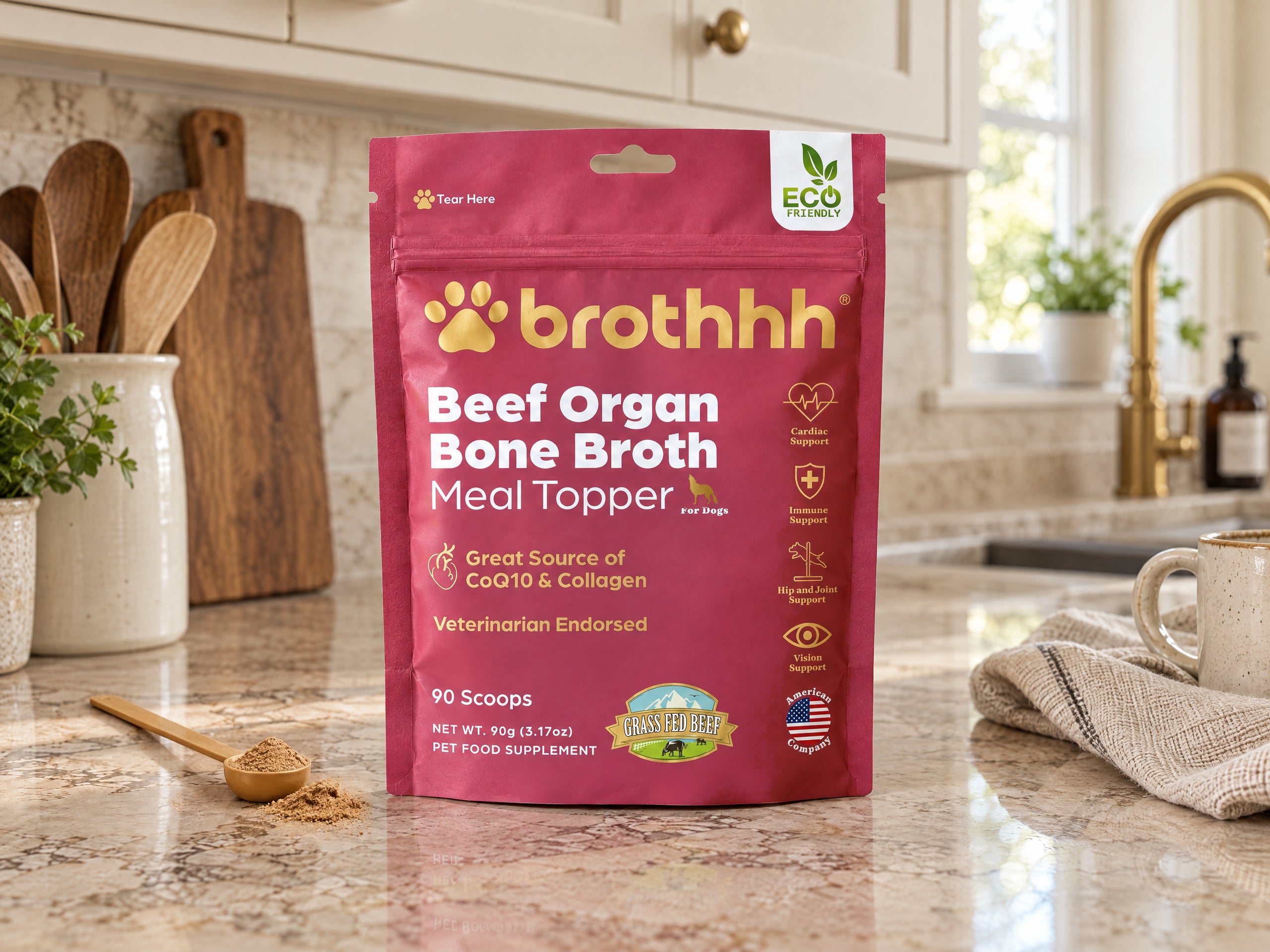 Brothhh Meal Topper bag on a beige marble countertop in a home kitchen
